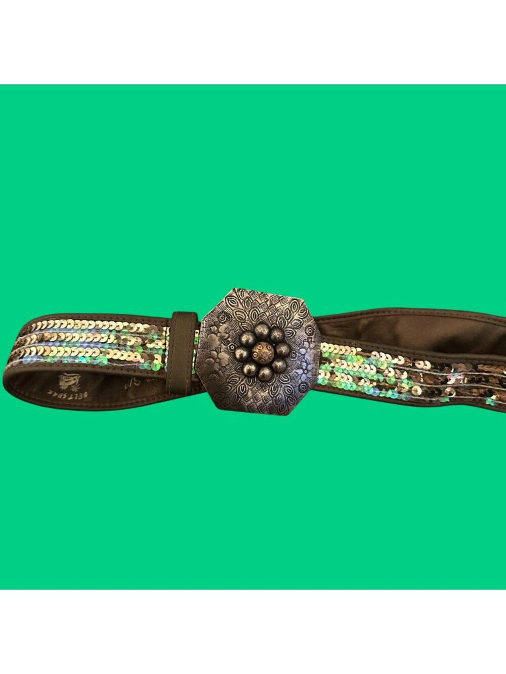 Vintage Y2K Sequin Embellished Leather Belt With Silver Floral Buckle